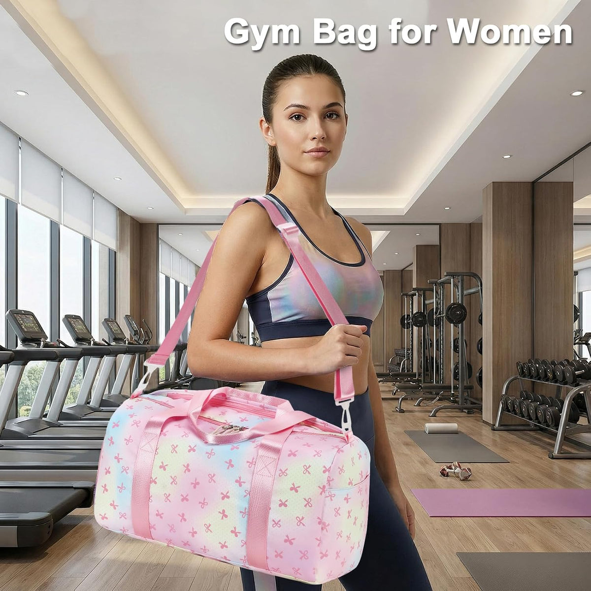 Gym Bag Sports Duffle Bag with Wet Pocket Weekender Overnight Bags with Waterproof Shoe Pouch and Air Hole for Girls Kids Women Workout Travel Bags (Bow Rainbow)