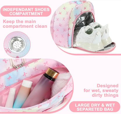 Gym Bag Sports Duffle Bag with Wet Pocket Weekender Overnight Bags with Waterproof Shoe Pouch and Air Hole for Girls Kids Women Workout Travel Bags (Bow Rainbow)