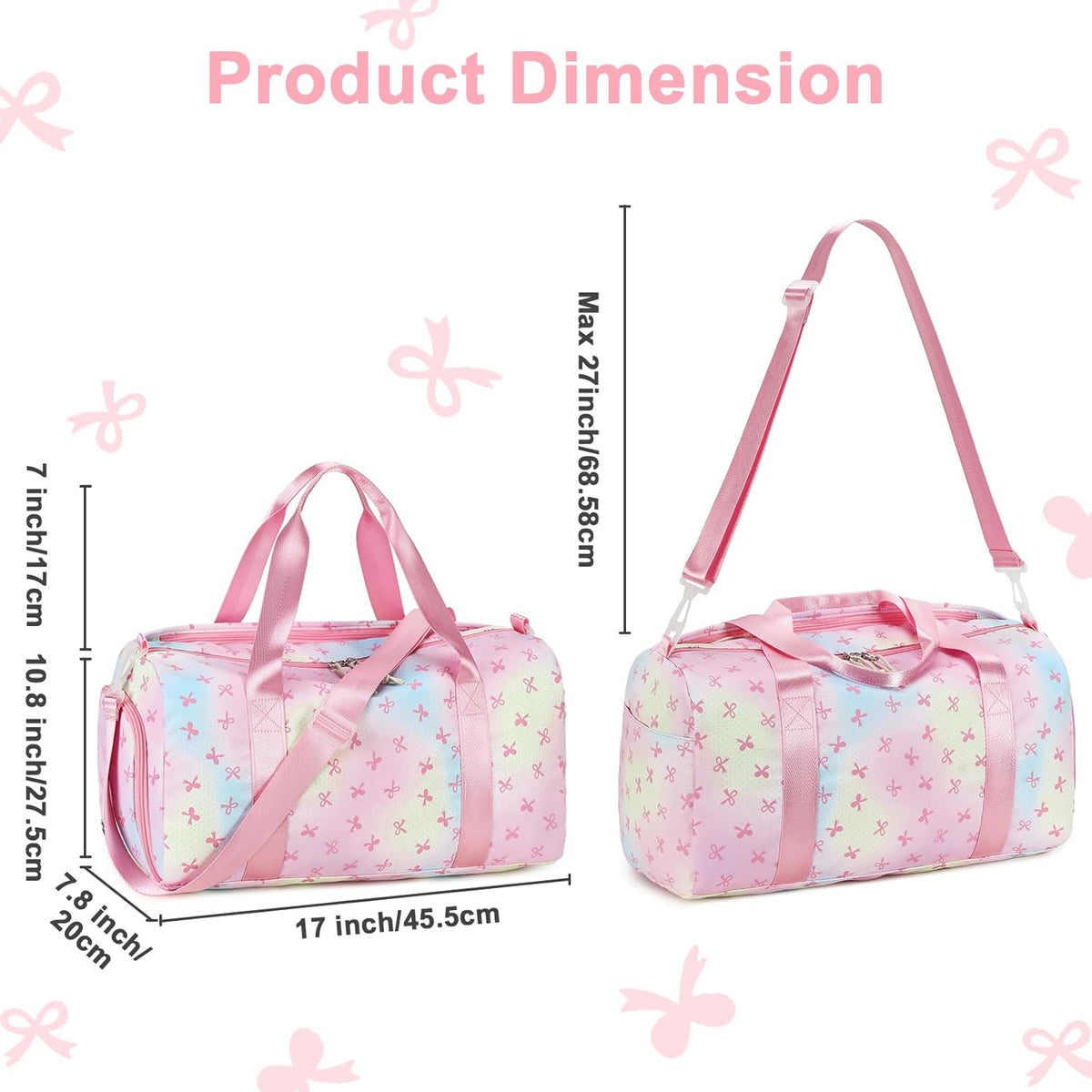 Gym Bag Sports Duffle Bag with Wet Pocket Weekender Overnight Bags with Waterproof Shoe Pouch and Air Hole for Girls Kids Women Workout Travel Bags (Bow Rainbow)