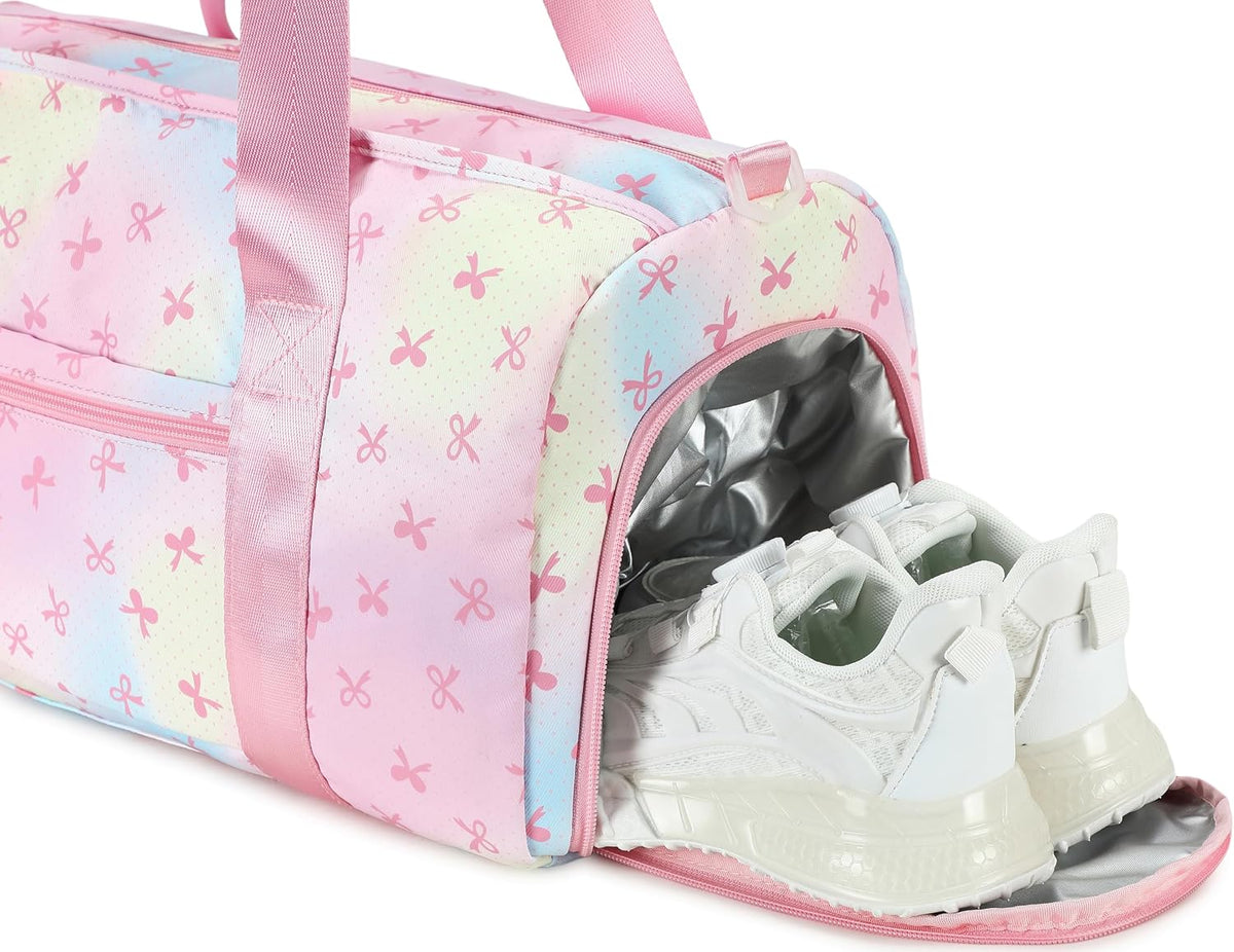 Gym Bag Sports Duffle Bag with Wet Pocket Weekender Overnight Bags with Waterproof Shoe Pouch and Air Hole for Girls Kids Women Workout Travel Bags (Bow Rainbow)