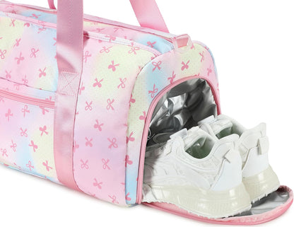 Gym Bag Sports Duffle Bag with Wet Pocket Weekender Overnight Bags with Waterproof Shoe Pouch and Air Hole for Girls Kids Women Workout Travel Bags (Bow Rainbow)