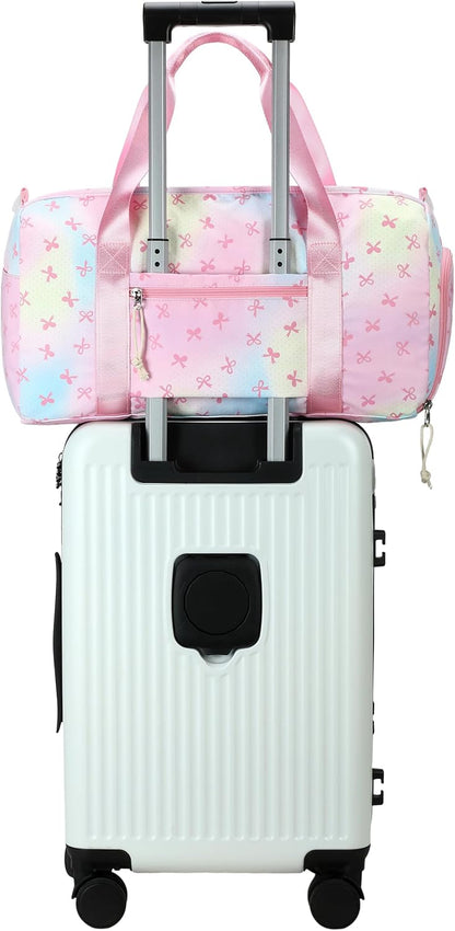 Gym Bag Sports Duffle Bag with Wet Pocket Weekender Overnight Bags with Waterproof Shoe Pouch and Air Hole for Girls Kids Women Workout Travel Bags (Bow Rainbow)