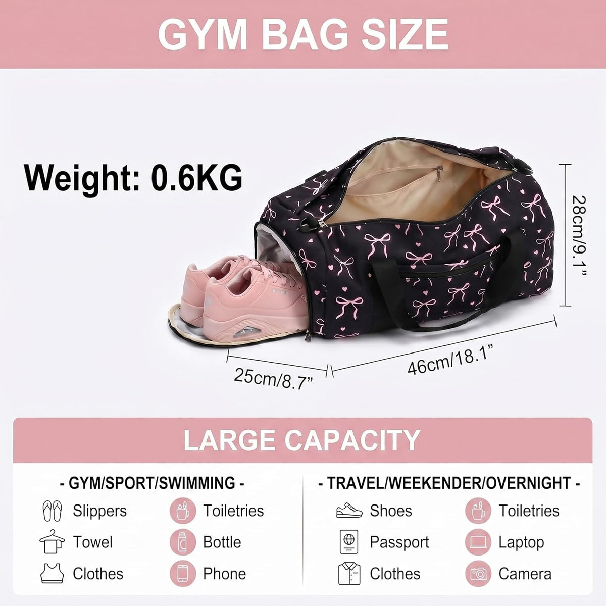 Gym Bag Sports Duffle Bag with Wet Pocket Weekender Overnight Bags with Waterproof Shoe Pouch and Air Hole for Girls Kids Women Workout Travel Bags (Bow Rainbow)