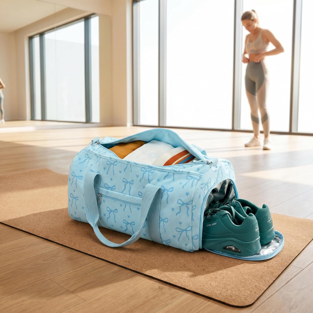 Gym Bag Sports Duffle Bag with Wet Pocket Weekender Overnight Bags with Waterproof Shoe Pouch and Air Hole for Girls Kids Women Workout Travel Bags (Bow Rainbow)