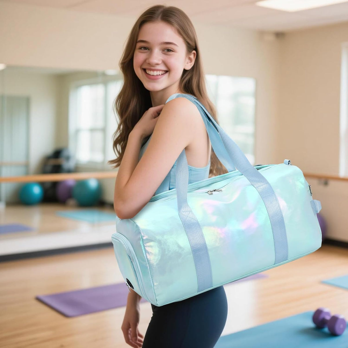Gym Bag Sports Duffle Bag with Wet Pocket Weekender Overnight Bags with Waterproof Shoe Pouch and Air Hole for Girls Kids Women Workout Travel Bags (Bow Rainbow)