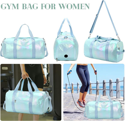 Gym Bag Sports Duffle Bag with Wet Pocket Weekender Overnight Bags with Waterproof Shoe Pouch and Air Hole for Girls Kids Women Workout Travel Bags (Bow Rainbow)