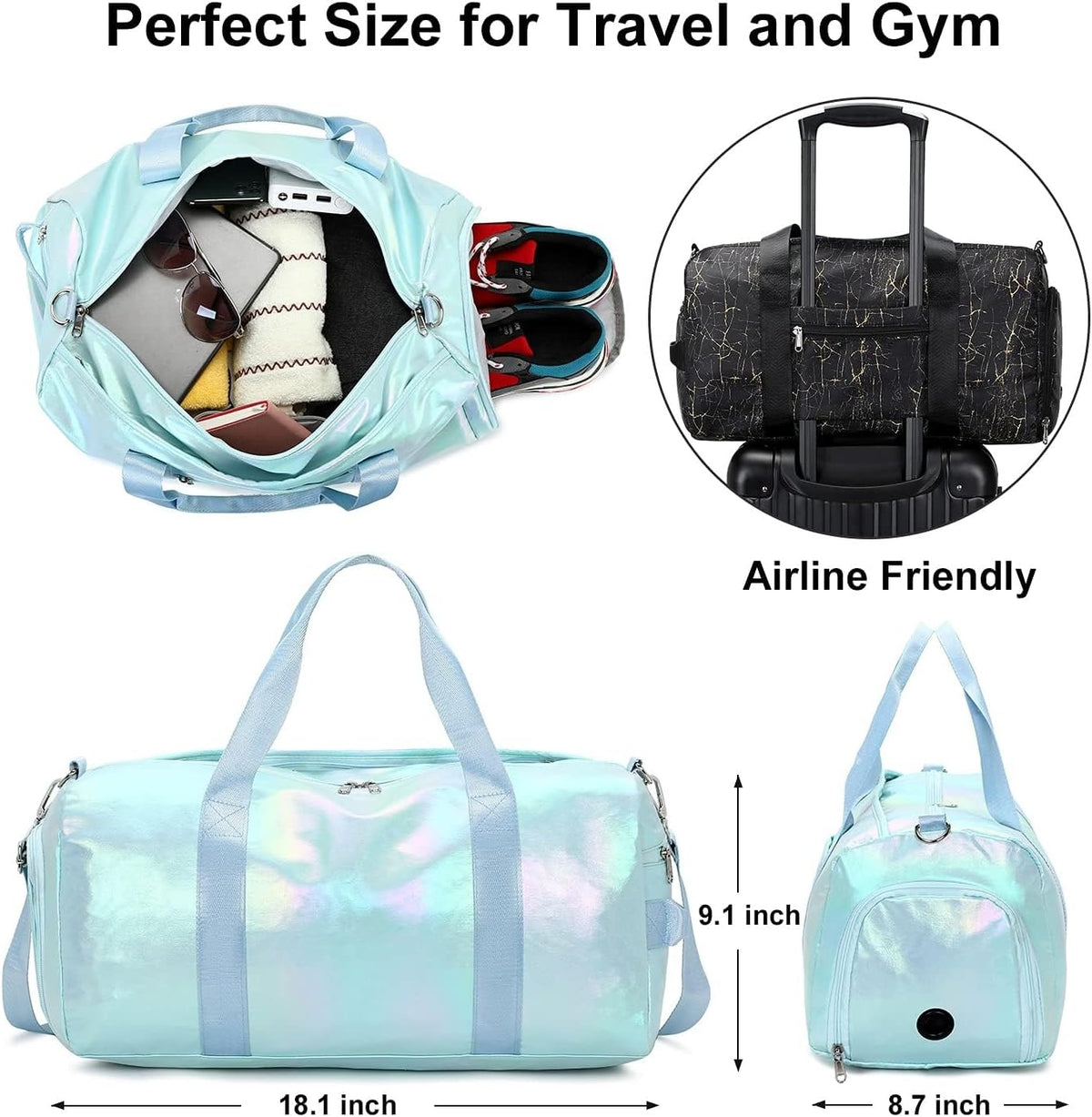 Gym Bag Sports Duffle Bag with Wet Pocket Weekender Overnight Bags with Waterproof Shoe Pouch and Air Hole for Girls Kids Women Workout Travel Bags (Bow Rainbow)