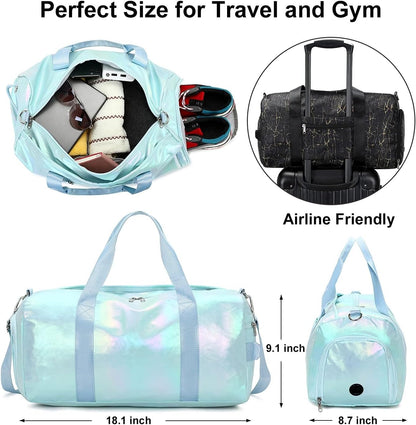 Gym Bag Sports Duffle Bag with Wet Pocket Weekender Overnight Bags with Waterproof Shoe Pouch and Air Hole for Girls Kids Women Workout Travel Bags (Bow Rainbow)