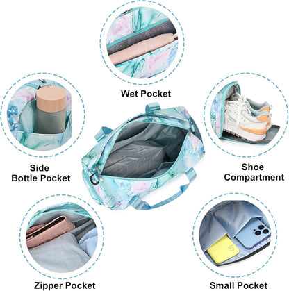 Gym Bag Sports Duffle Bag with Wet Pocket Weekender Overnight Bags with Waterproof Shoe Pouch and Air Hole for Girls Kids Women Workout Travel Bags (Bow Rainbow)