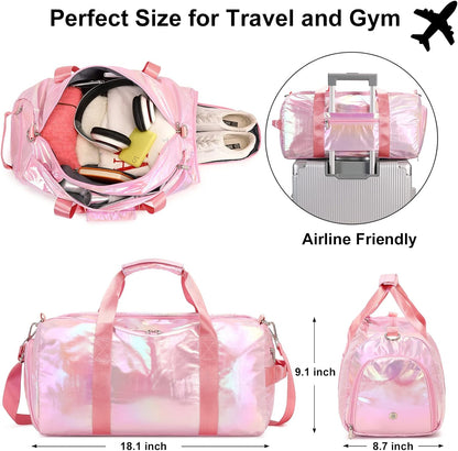 Gym Bag Sports Duffle Bag with Wet Pocket Weekender Overnight Bags with Waterproof Shoe Pouch and Air Hole for Girls Kids Women Workout Travel Bags (Bow Rainbow)