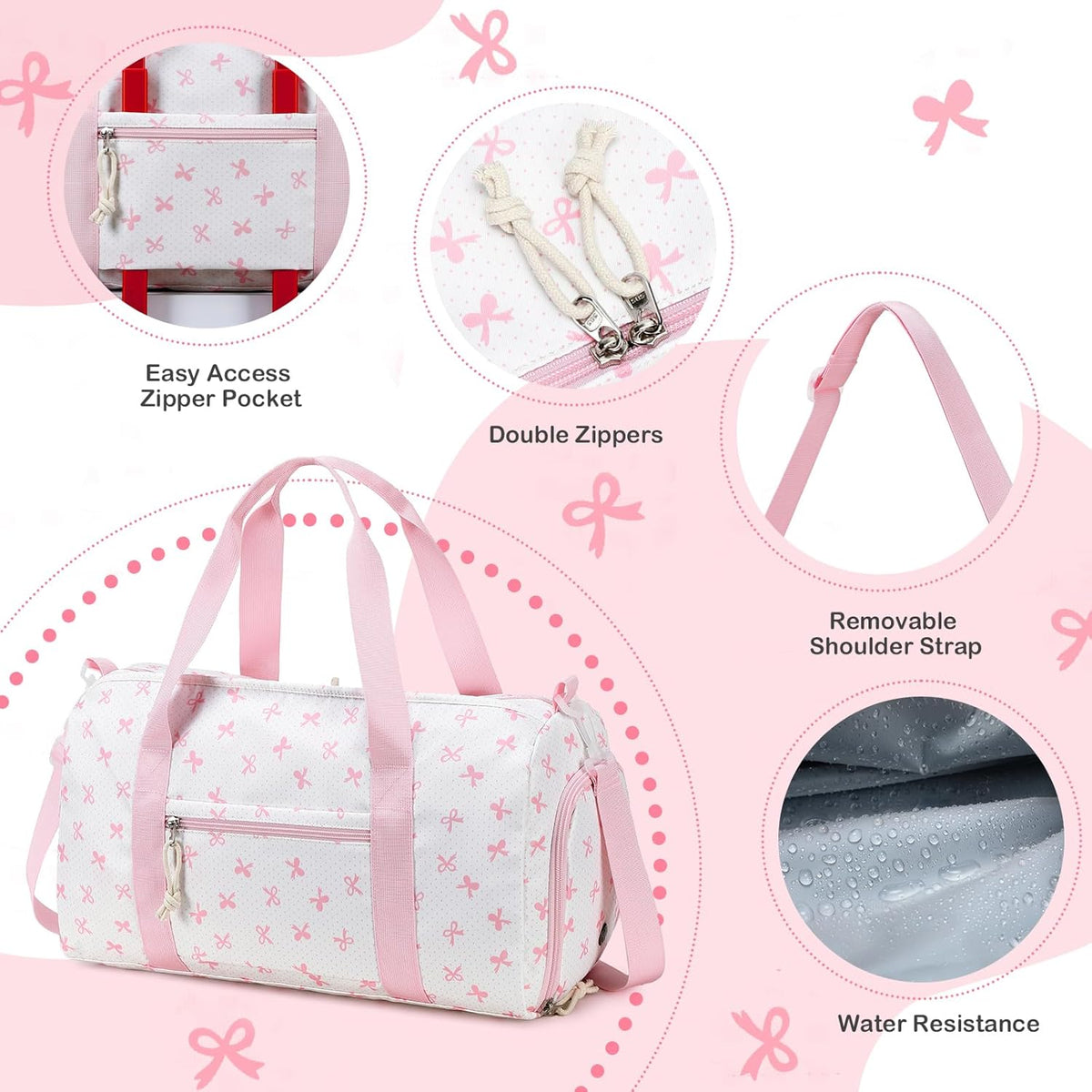 Gym Bag Sports Duffle Bag with Wet Pocket Weekender Overnight Bags with Waterproof Shoe Pouch and Air Hole for Girls Kids Women Workout Travel Bags (Bow Rainbow)