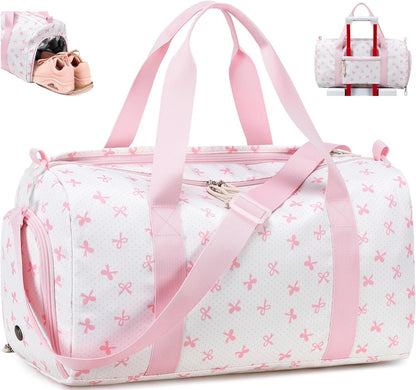 Gym Bag Sports Duffle Bag with Wet Pocket Weekender Overnight Bags with Waterproof Shoe Pouch and Air Hole for Girls Kids Women Workout Travel Bags (Bow Rainbow)