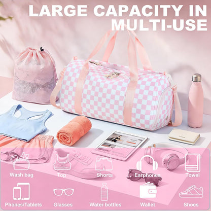 Gym Bag Sports Duffle Bag with Wet Pocket Weekender Overnight Bags with Waterproof Shoe Pouch and Air Hole for Girls Kids Women Workout Travel Bags (Bow Rainbow)