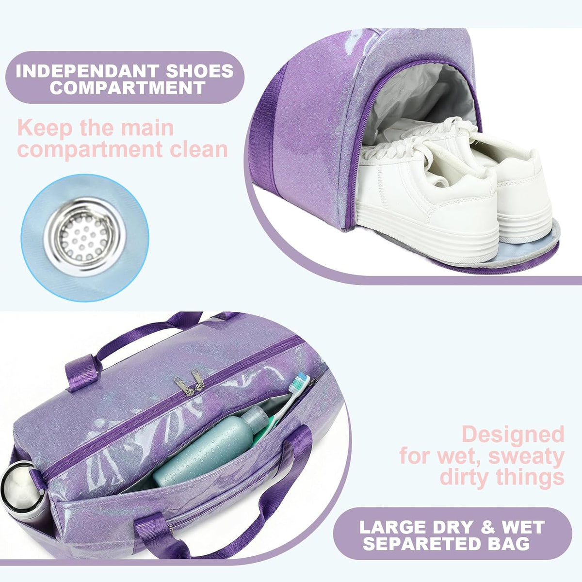 Gym Bag Sports Duffle Bag with Wet Pocket Weekender Overnight Bags with Waterproof Shoe Pouch and Air Hole for Girls Kids Women Workout Travel Bags (Bow Rainbow)