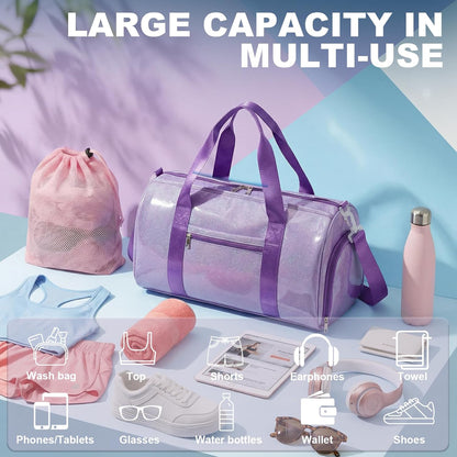 Gym Bag Sports Duffle Bag with Wet Pocket Weekender Overnight Bags with Waterproof Shoe Pouch and Air Hole for Girls Kids Women Workout Travel Bags (Bow Rainbow)