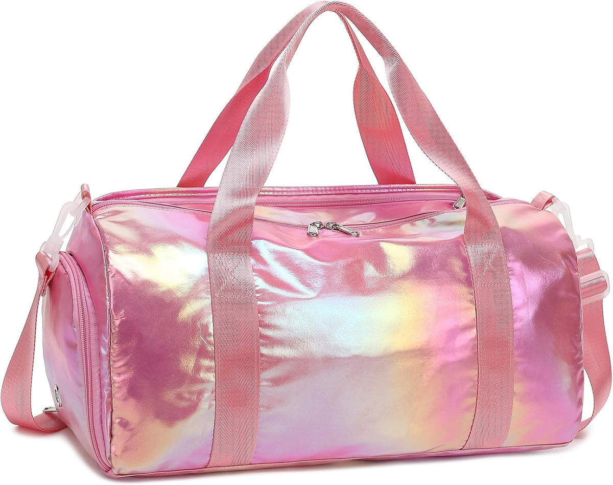 Gym Bag Sports Duffle Bag with Wet Pocket Weekender Overnight Bags with Waterproof Shoe Pouch and Air Hole for Girls Kids Women Workout Travel Bags (Bow Rainbow)
