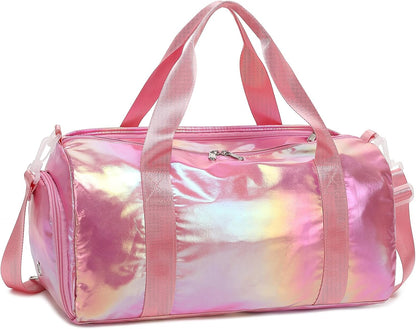 Gym Bag Sports Duffle Bag with Wet Pocket Weekender Overnight Bags with Waterproof Shoe Pouch and Air Hole for Girls Kids Women Workout Travel Bags (Bow Rainbow)