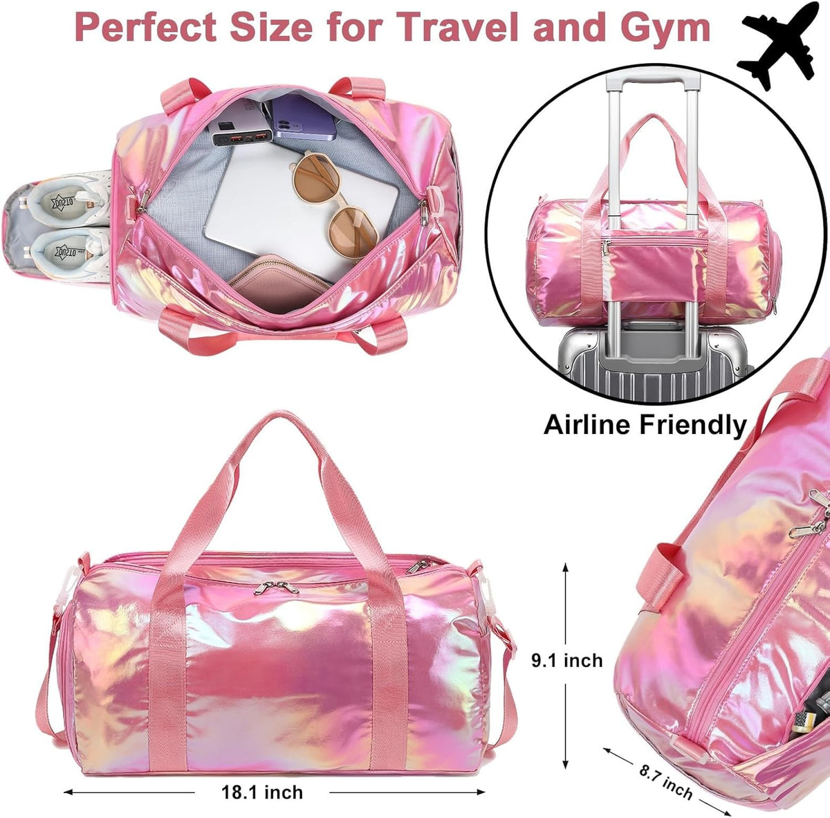 Gym Bag Sports Duffle Bag with Wet Pocket Weekender Overnight Bags with Waterproof Shoe Pouch and Air Hole for Girls Kids Women Workout Travel Bags (Bow Rainbow)