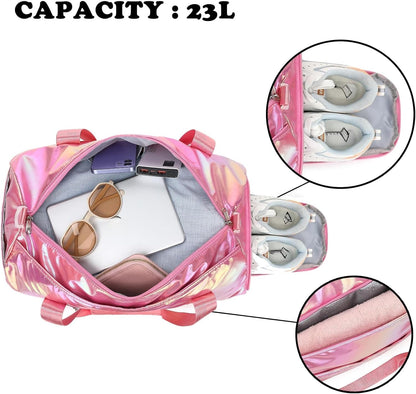 Gym Bag Sports Duffle Bag with Wet Pocket Weekender Overnight Bags with Waterproof Shoe Pouch and Air Hole for Girls Kids Women Workout Travel Bags (Bow Rainbow)