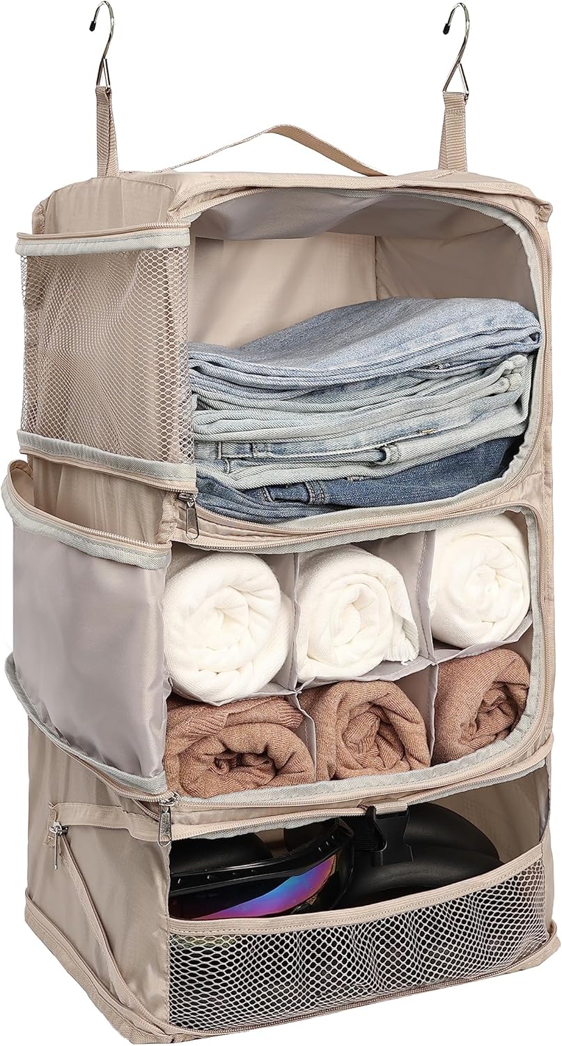 Hanging Packing Cubes Portable Closet 3-Shelf Travel Collapsible Compression Garment Organizer for Carry-on Luggage Suitcase Space Saver Bag XX-Large_No Side Pockets, Black