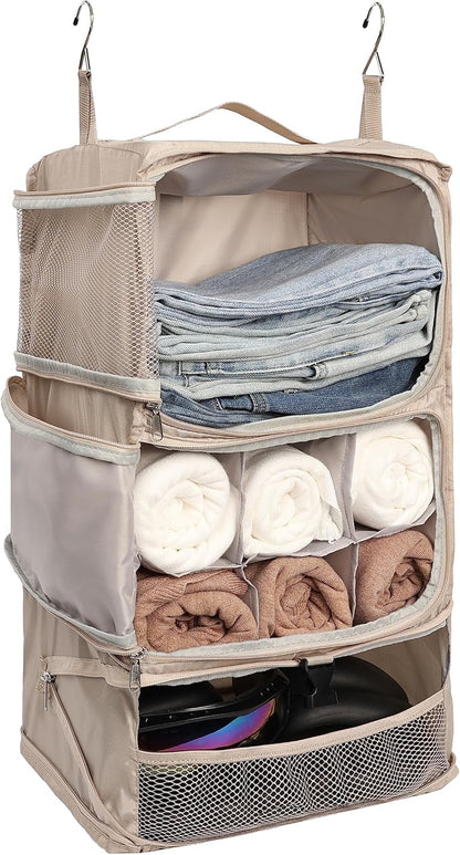 Hanging Packing Cubes Portable Closet 3-Shelf Travel Collapsible Compression Garment Organizer for Carry-on Luggage Suitcase Space Saver Bag XX-Large_No Side Pockets, Black