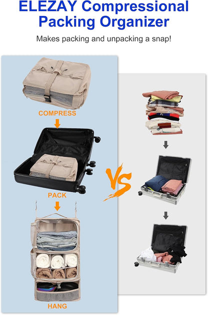 Hanging Packing Cubes Portable Closet 3-Shelf Travel Collapsible Compression Garment Organizer for Carry-on Luggage Suitcase Space Saver Bag XX-Large_No Side Pockets, Black