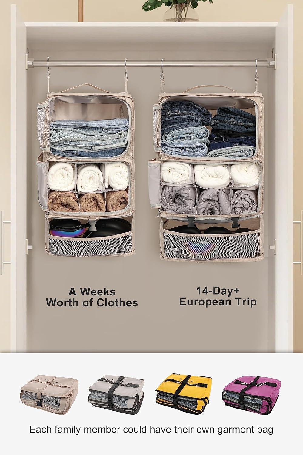 Hanging Packing Cubes Portable Closet 3-Shelf Travel Collapsible Compression Garment Organizer for Carry-on Luggage Suitcase Space Saver Bag XX-Large_No Side Pockets, Black