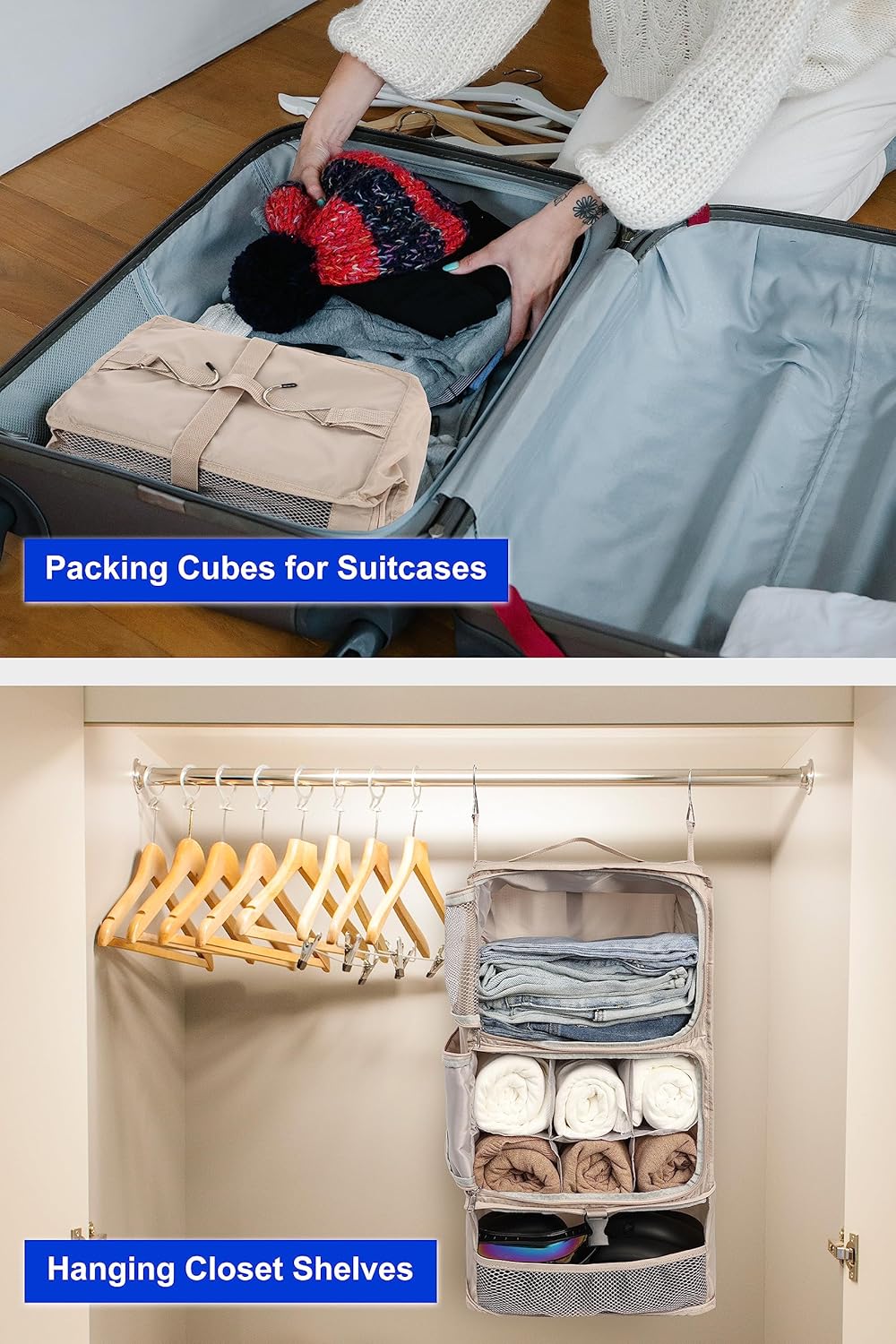Hanging Packing Cubes Portable Closet 3-Shelf Travel Collapsible Compression Garment Organizer for Carry-on Luggage Suitcase Space Saver Bag XX-Large_No Side Pockets, Black