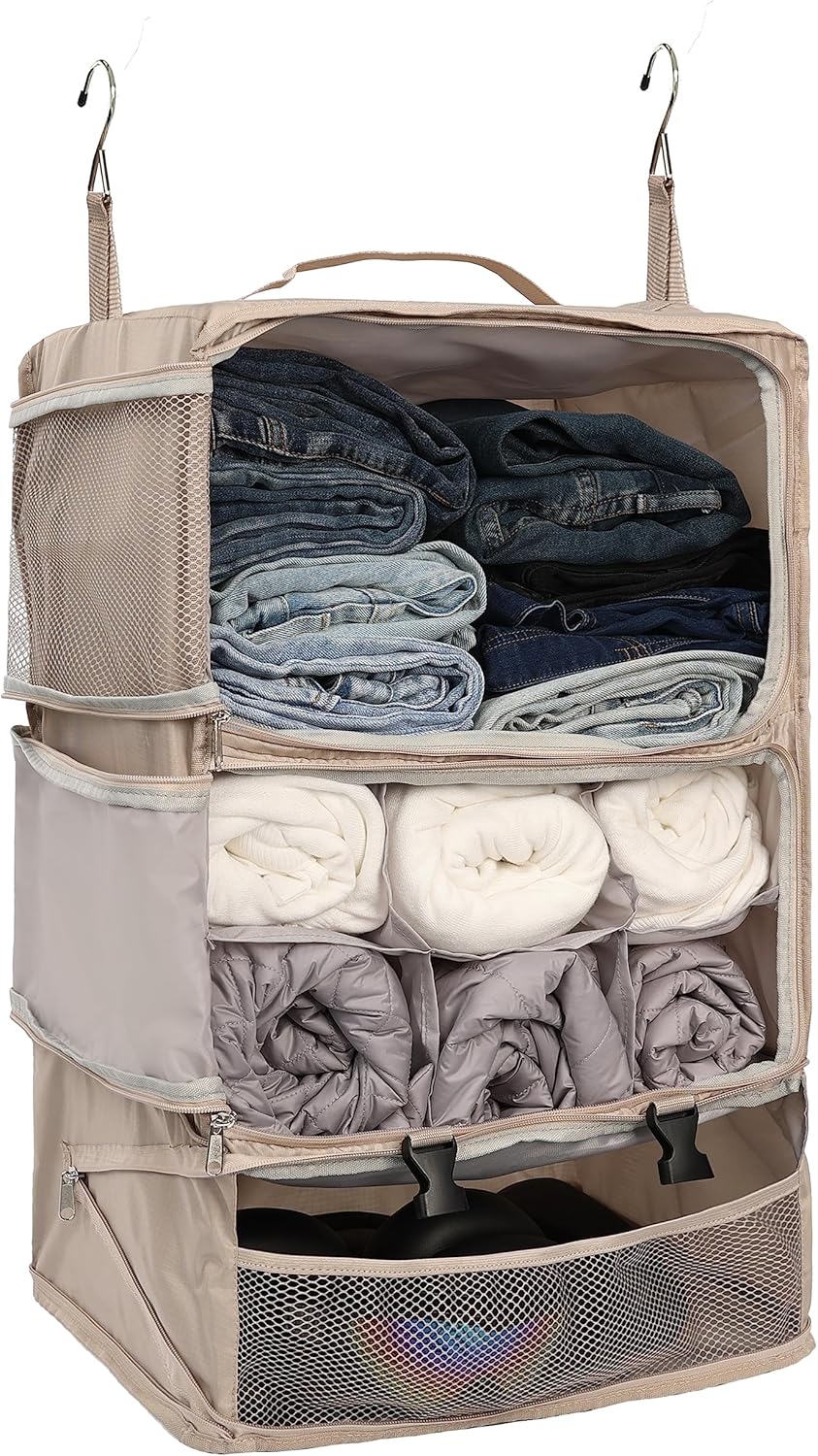 Hanging Packing Cubes Portable Closet 3-Shelf Travel Collapsible Compression Garment Organizer for Carry-on Luggage Suitcase Space Saver Bag XX-Large_No Side Pockets, Black