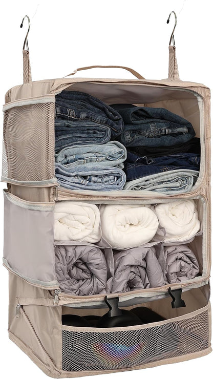 Hanging Packing Cubes Portable Closet 3-Shelf Travel Collapsible Compression Garment Organizer for Carry-on Luggage Suitcase Space Saver Bag XX-Large_No Side Pockets, Black