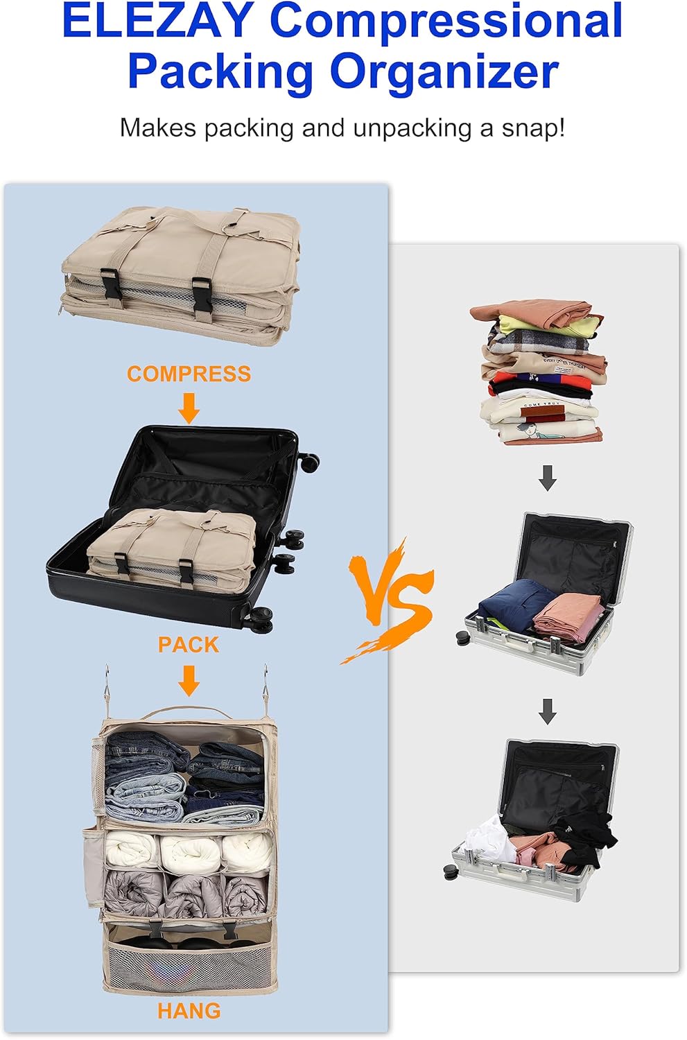 Hanging Packing Cubes Portable Closet 3-Shelf Travel Collapsible Compression Garment Organizer for Carry-on Luggage Suitcase Space Saver Bag XX-Large_No Side Pockets, Black