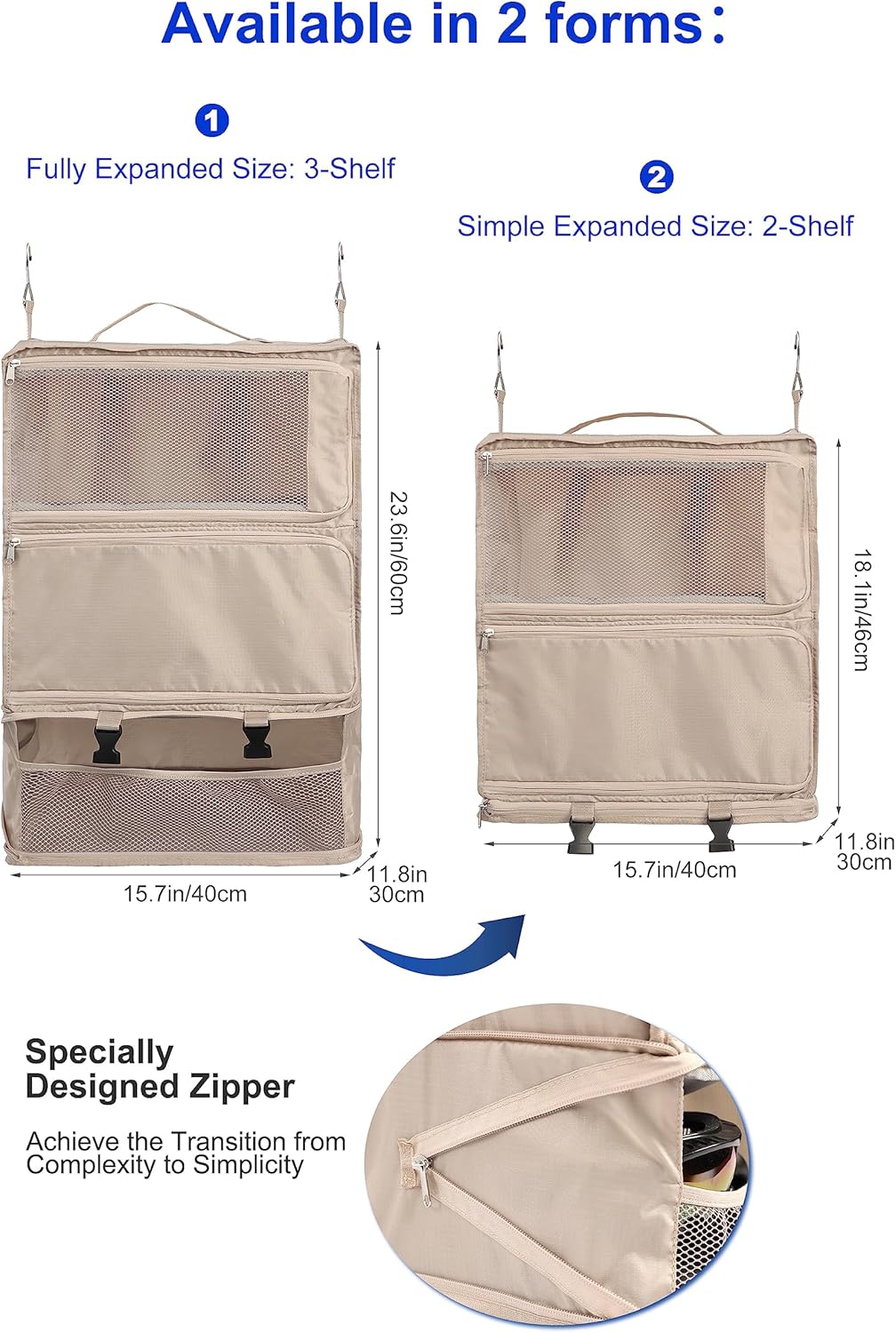Hanging Packing Cubes Portable Closet 3-Shelf Travel Collapsible Compression Garment Organizer for Carry-on Luggage Suitcase Space Saver Bag XX-Large_No Side Pockets, Black