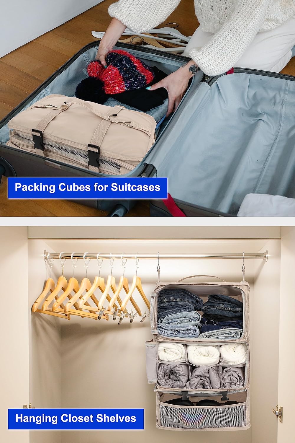Hanging Packing Cubes Portable Closet 3-Shelf Travel Collapsible Compression Garment Organizer for Carry-on Luggage Suitcase Space Saver Bag XX-Large_No Side Pockets, Black
