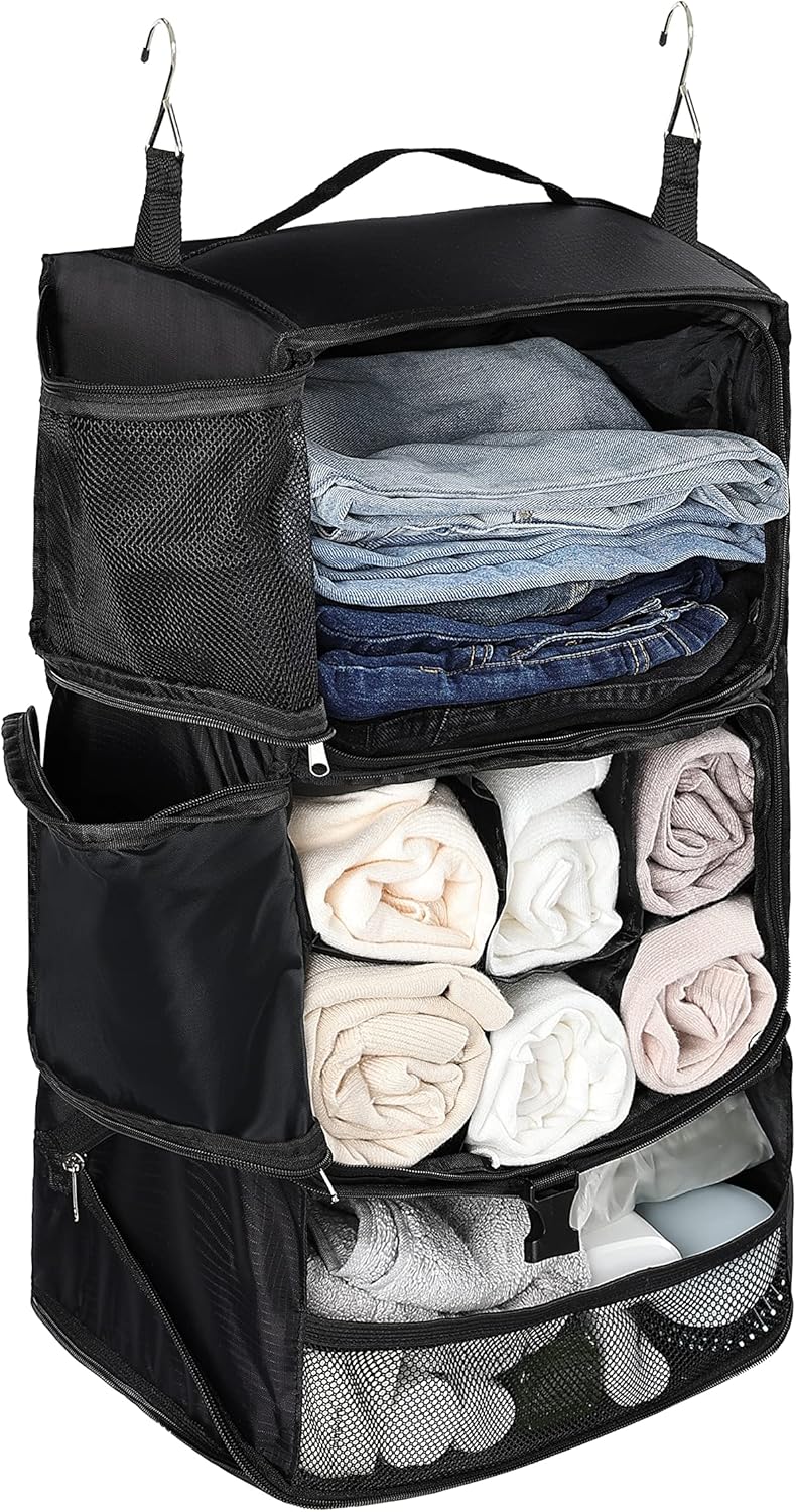 Hanging Packing Cubes Portable Closet 3-Shelf Travel Collapsible Compression Garment Organizer for Carry-on Luggage Suitcase Space Saver Bag XX-Large_No Side Pockets, Black