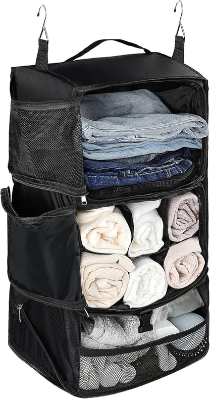 Hanging Packing Cubes Portable Closet 3-Shelf Travel Collapsible Compression Garment Organizer for Carry-on Luggage Suitcase Space Saver Bag XX-Large_No Side Pockets, Black