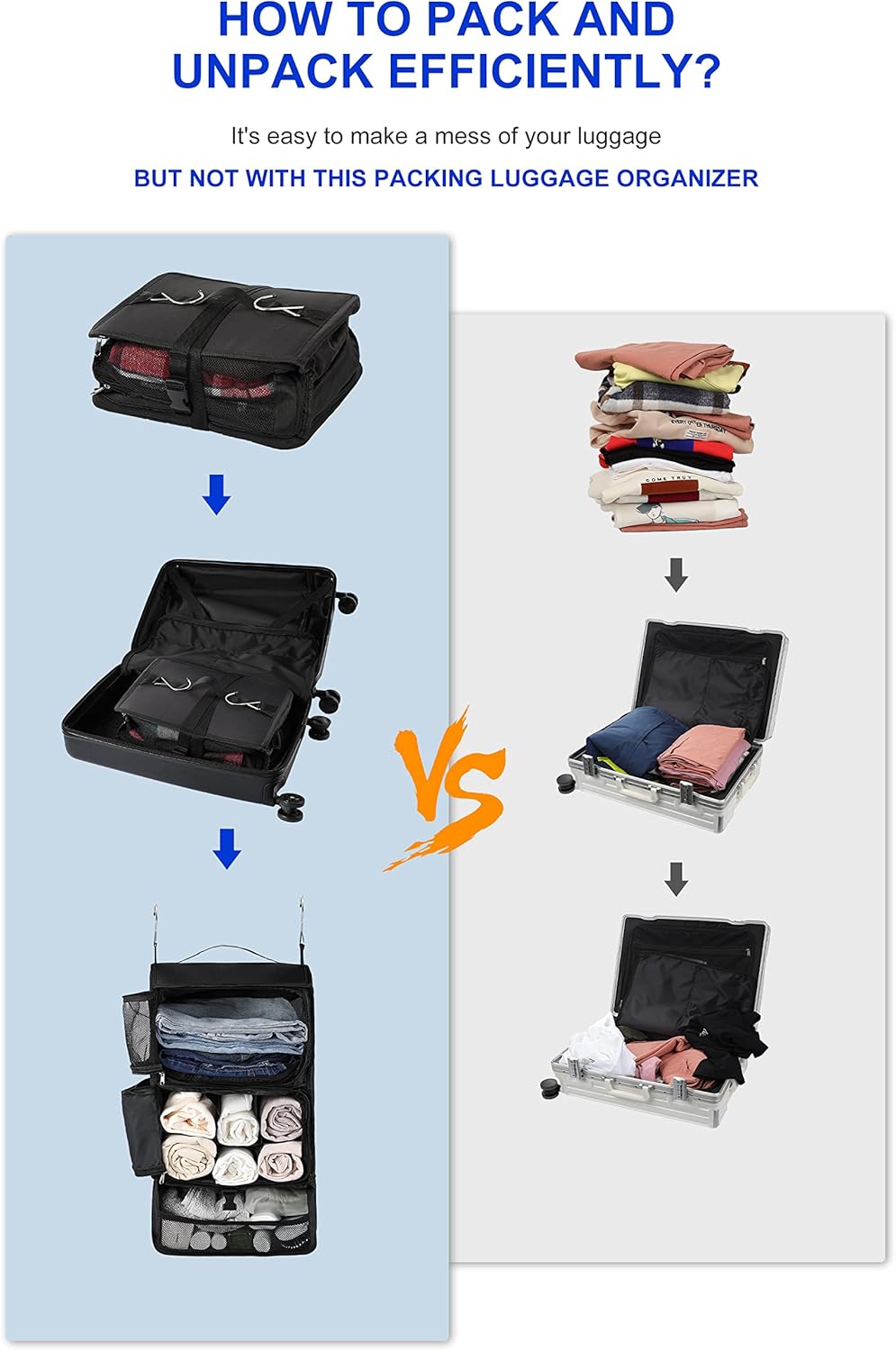 Hanging Packing Cubes Portable Closet 3-Shelf Travel Collapsible Compression Garment Organizer for Carry-on Luggage Suitcase Space Saver Bag XX-Large_No Side Pockets, Black