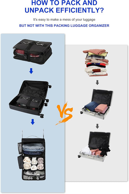 Hanging Packing Cubes Portable Closet 3-Shelf Travel Collapsible Compression Garment Organizer for Carry-on Luggage Suitcase Space Saver Bag XX-Large_No Side Pockets, Black
