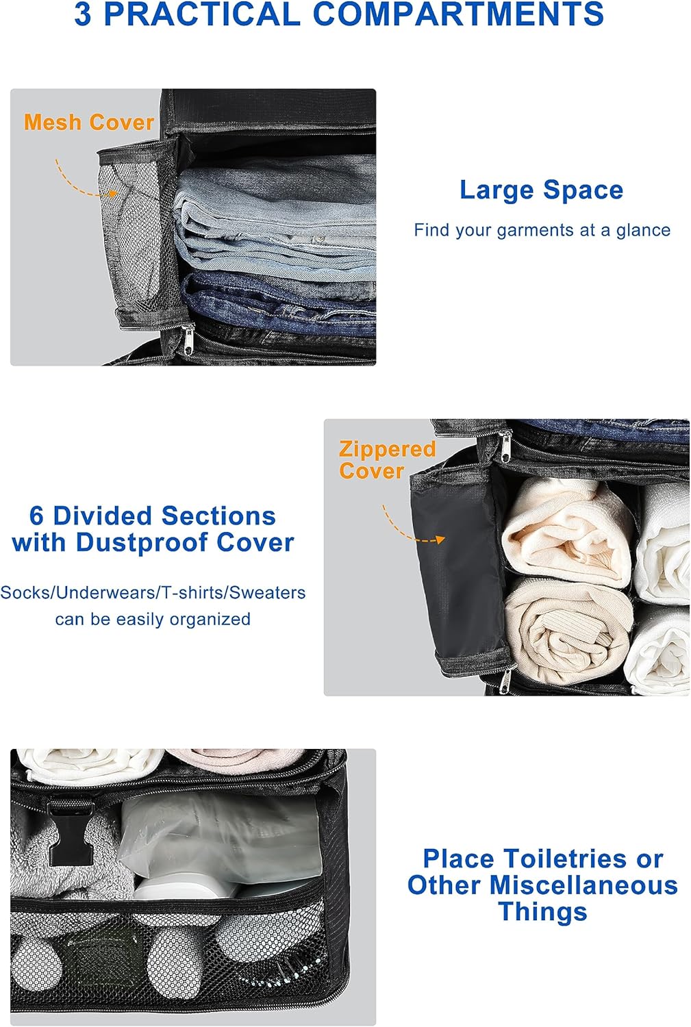 Hanging Packing Cubes Portable Closet 3-Shelf Travel Collapsible Compression Garment Organizer for Carry-on Luggage Suitcase Space Saver Bag XX-Large_No Side Pockets, Black
