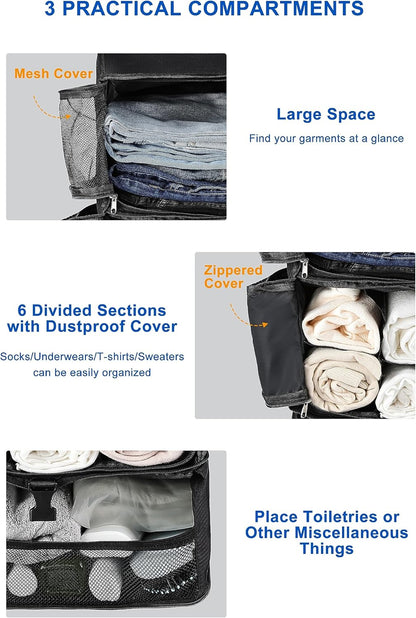 Hanging Packing Cubes Portable Closet 3-Shelf Travel Collapsible Compression Garment Organizer for Carry-on Luggage Suitcase Space Saver Bag XX-Large_No Side Pockets, Black