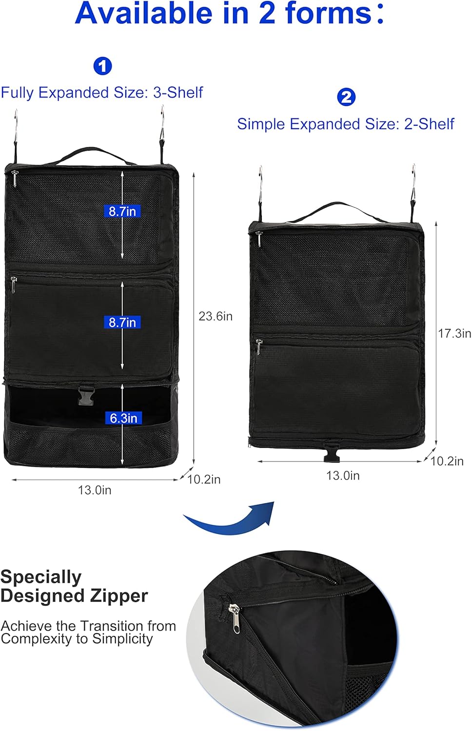 Hanging Packing Cubes Portable Closet 3-Shelf Travel Collapsible Compression Garment Organizer for Carry-on Luggage Suitcase Space Saver Bag XX-Large_No Side Pockets, Black