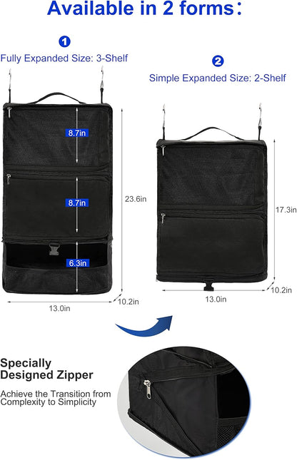 Hanging Packing Cubes Portable Closet 3-Shelf Travel Collapsible Compression Garment Organizer for Carry-on Luggage Suitcase Space Saver Bag XX-Large_No Side Pockets, Black