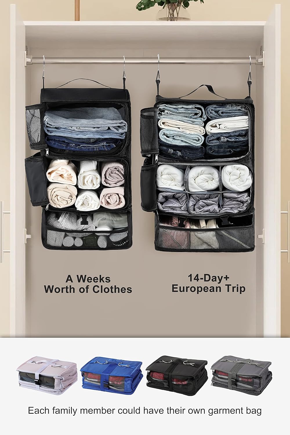 Hanging Packing Cubes Portable Closet 3-Shelf Travel Collapsible Compression Garment Organizer for Carry-on Luggage Suitcase Space Saver Bag XX-Large_No Side Pockets, Black