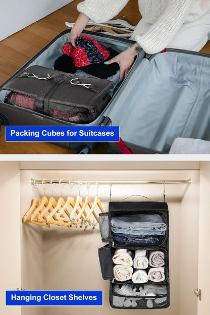 Hanging Packing Cubes Portable Closet 3-Shelf Travel Collapsible Compression Garment Organizer for Carry-on Luggage Suitcase Space Saver Bag XX-Large_No Side Pockets, Black