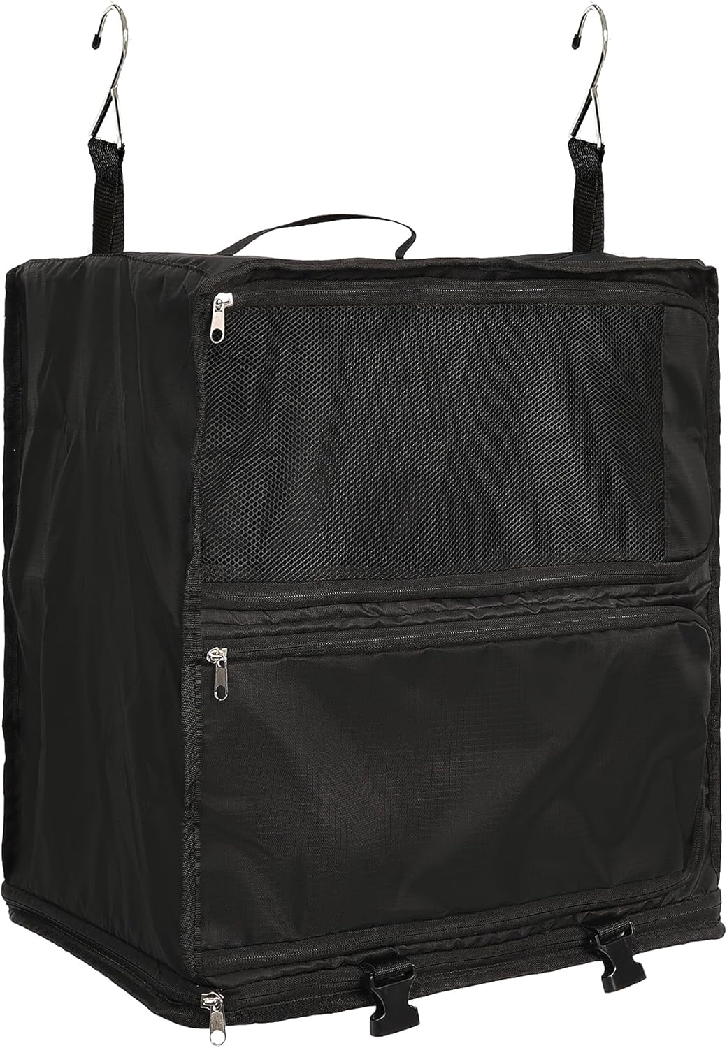 Hanging Packing Cubes Portable Closet 3-Shelf Travel Collapsible Compression Garment Organizer for Carry-on Luggage Suitcase Space Saver Bag XX-Large_No Side Pockets, Black