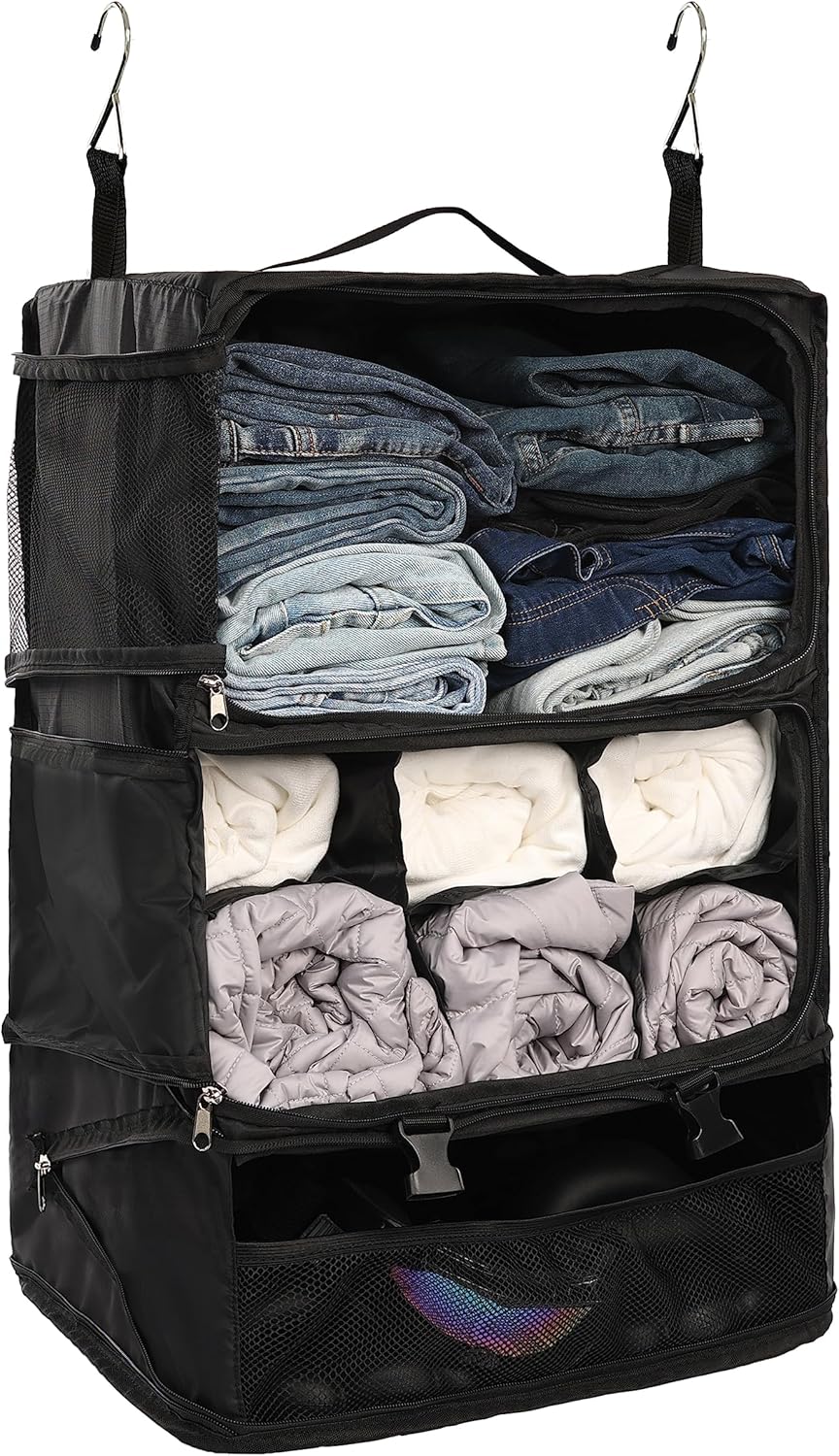 Hanging Packing Cubes Portable Closet 3-Shelf Travel Collapsible Compression Garment Organizer for Carry-on Luggage Suitcase Space Saver Bag XX-Large_No Side Pockets, Black