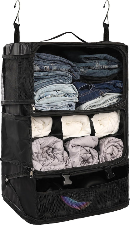 Hanging Packing Cubes Portable Closet 3-Shelf Travel Collapsible Compression Garment Organizer for Carry-on Luggage Suitcase Space Saver Bag XX-Large_No Side Pockets, Black