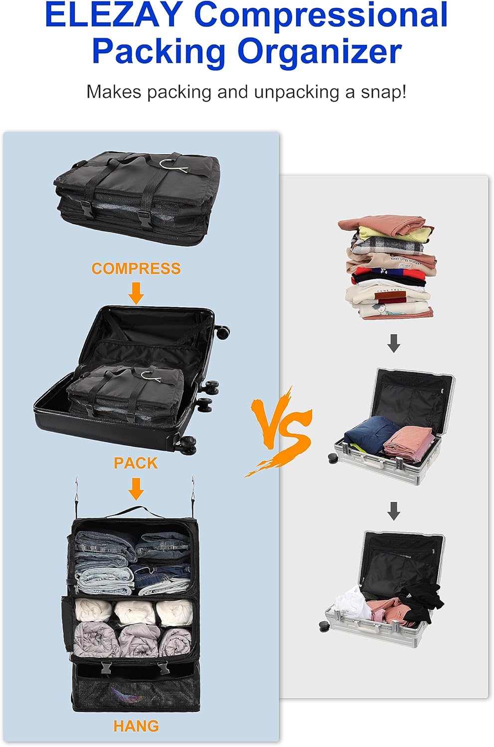 Hanging Packing Cubes Portable Closet 3-Shelf Travel Collapsible Compression Garment Organizer for Carry-on Luggage Suitcase Space Saver Bag XX-Large_No Side Pockets, Black