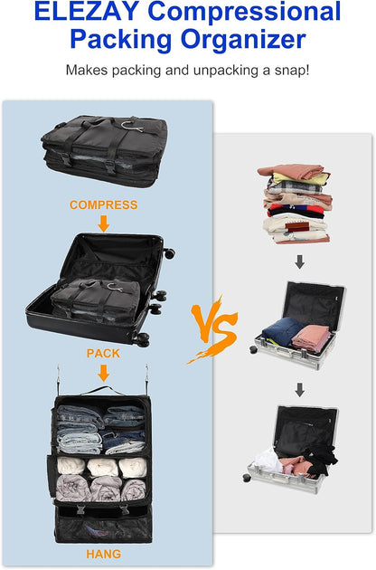 Hanging Packing Cubes Portable Closet 3-Shelf Travel Collapsible Compression Garment Organizer for Carry-on Luggage Suitcase Space Saver Bag XX-Large_No Side Pockets, Black