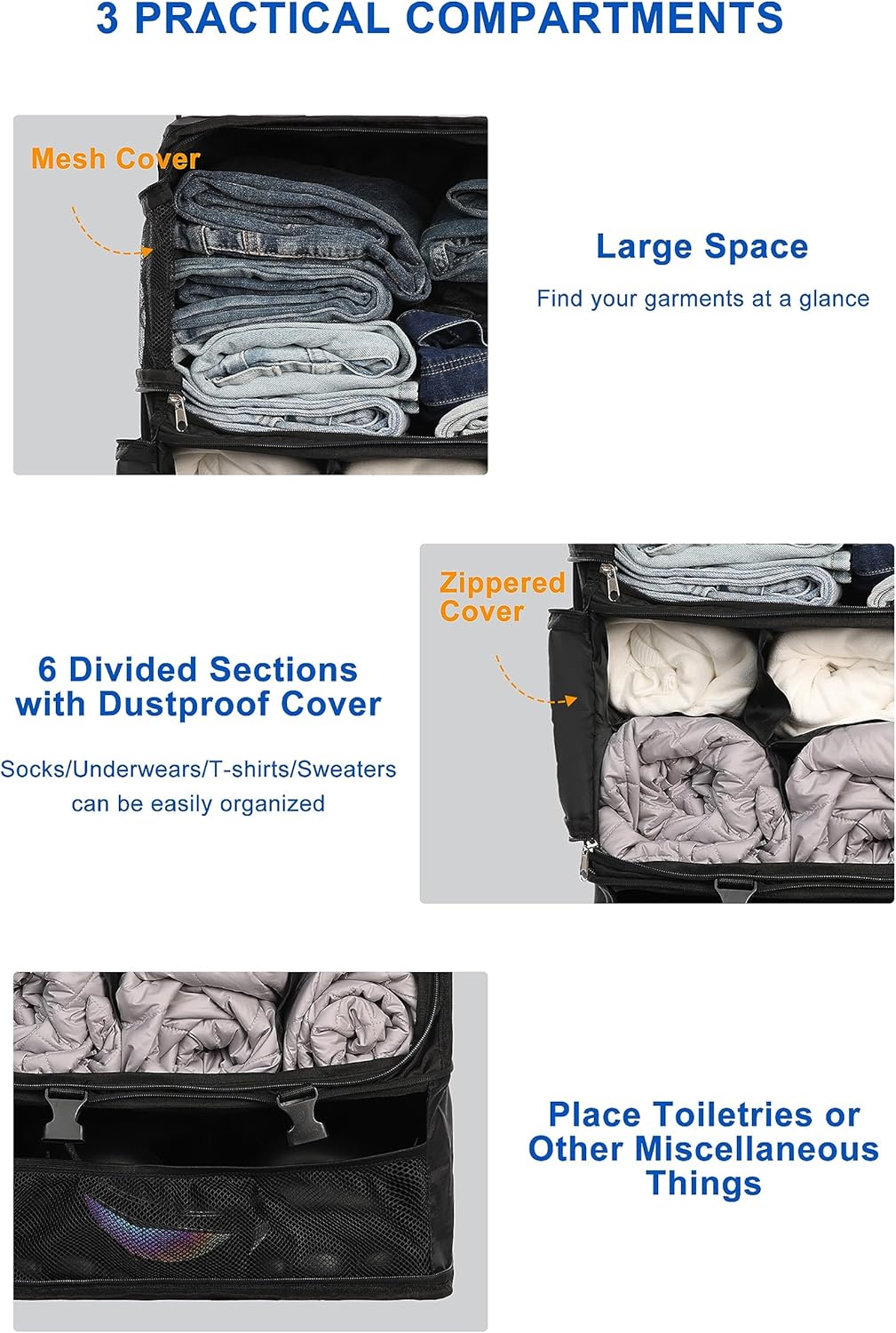 Hanging Packing Cubes Portable Closet 3-Shelf Travel Collapsible Compression Garment Organizer for Carry-on Luggage Suitcase Space Saver Bag XX-Large_No Side Pockets, Black