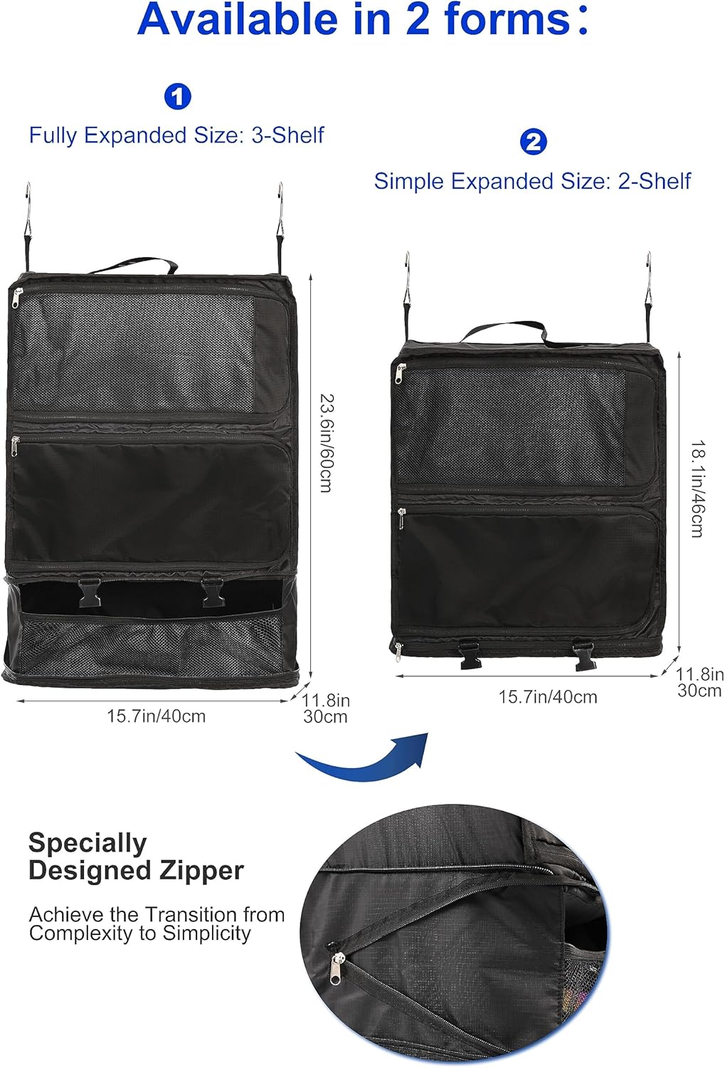 Hanging Packing Cubes Portable Closet 3-Shelf Travel Collapsible Compression Garment Organizer for Carry-on Luggage Suitcase Space Saver Bag XX-Large_No Side Pockets, Black